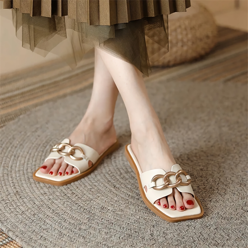 Summer Square Toe Leather Slippers - Ảnh 4