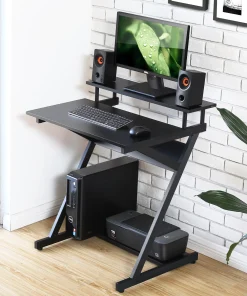 Compact Modern Z-Shaped Computer Desk with Monitor Shelf for Small Spaces